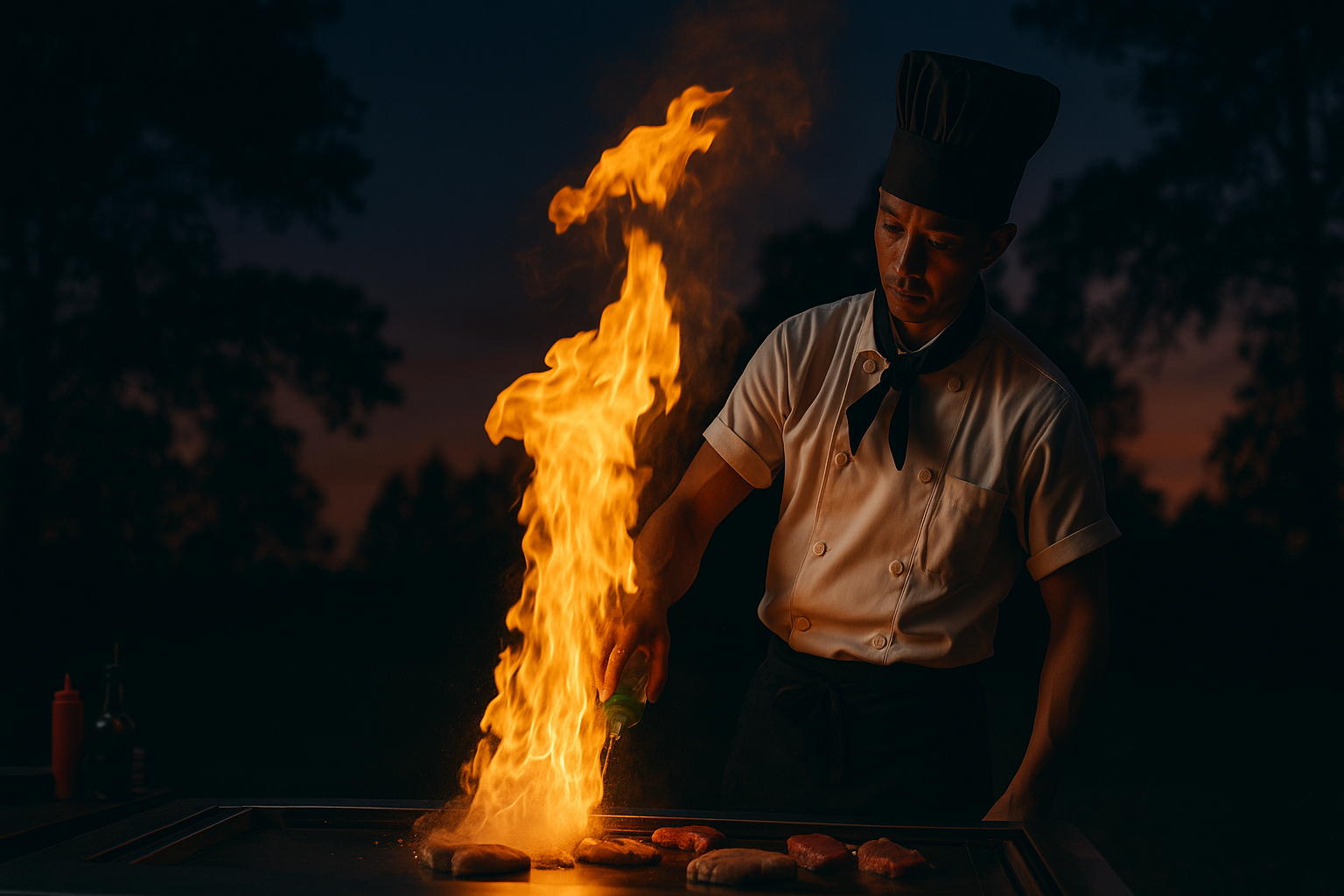 Hibachi chef cooking with flames